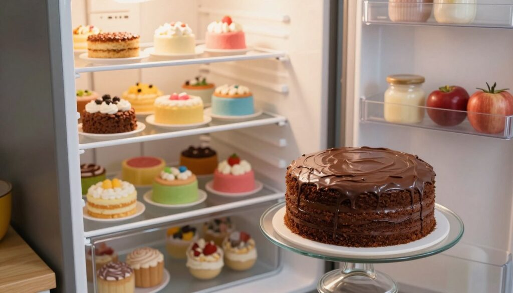 A beautifully organized kitchen scene focused on a refrigerator showcasing various homemade cakes. In the foreground, a decadent chocolate cake sits on a glass cake stand, slightly angled to reveal its layers. The middle features an open refrigerator, filled with an assortment of colorful cakes and pastries neatly arranged on shelves, illuminated by soft, warm light. In the background, kitchen utensils and hints of fresh ingredients decorate the countertop, creating an inviting atmosphere. The lighting is bright but soft, giving a homey feel. The angle is slightly tilted to capture both the interior of the refrigerator and the delectable cakes clearly, evoking a sense of culinary care and attention to detail. A beautifully organized kitchen scene focused on a refrigerator showcasing various homemade cakes. In the foreground, a decadent chocolate cake sits on a glass cake stand, slightly angled to reveal its layers. The middle features an open refrigerator, filled with an assortment of colorful cakes and pastries neatly arranged on shelves, illuminated by soft, warm light. In the background, kitchen utensils and hints of fresh ingredients decorate the countertop, creating an inviting atmosphere. The lighting is bright but soft, giving a homey feel. The angle is slightly tilted to capture both the interior of the refrigerator and the delectable cakes clearly, evoking a sense of culinary care and attention to detail.