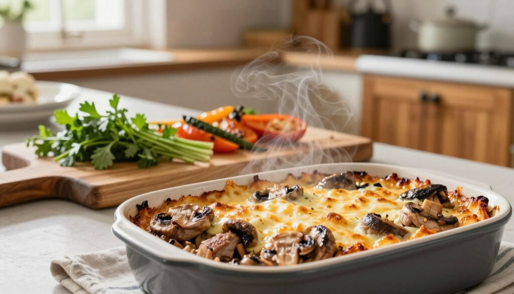 A beautifully organized kitchen setting showcasing a delicious baked dish of pork chops with mushrooms and cheese, presented in a ceramic baking dish. The foreground features a freshly baked dish, steam gently rising, with golden-brown cheese bubbling on top. In the middle, an elegant wooden cutting board displays fresh herbs and home-cooked side dishes like roasted vegetables, adding vibrant colors. The background captures a warm, inviting kitchen ambiance with soft natural light illuminating the space, hinting at rustic wooden cabinets and hanging pots. The overall atmosphere is cozy and family-friendly, evoking a sense of warmth and togetherness, perfect for a family meal.