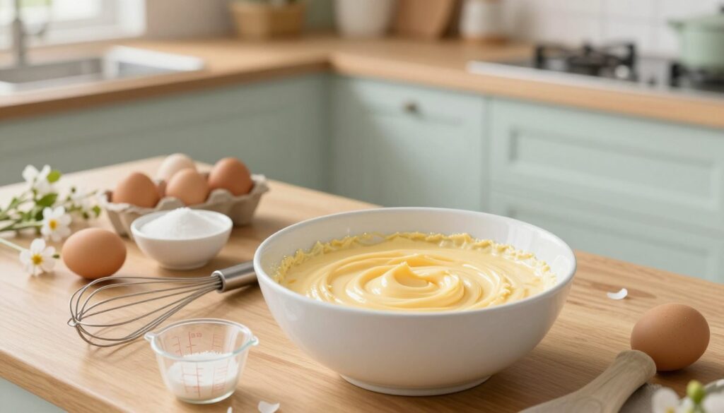 A beautifully organized kitchen workspace, showcasing the steps of preparing cheesecake filling for an elegant Easter dessert. In the foreground, a white mixing bowl filled with creamy, smooth cheese mixture, glistening with soft, golden hues. A whisk and measuring cups are artistically placed nearby, hinting at the meticulous preparation process. In the middle, a wooden countertop adorned with fresh ingredients like eggs and sugar, surrounded by small, delicate floral decorations that add a touch of spring charm. In the background, soft pastel colors of a country-style kitchen, with warm, natural light illuminating the scene, creating a cozy, inviting atmosphere. The image should reflect a sense of perfection and precision in cheesecake preparation, ideal for elaborate decorating. A beautifully organized kitchen workspace, showcasing the steps of preparing cheesecake filling for an elegant Easter dessert. In the foreground, a white mixing bowl filled with creamy, smooth cheese mixture, glistening with soft, golden hues. A whisk and measuring cups are artistically placed nearby, hinting at the meticulous preparation process. In the middle, a wooden countertop adorned with fresh ingredients like eggs and sugar, surrounded by small, delicate floral decorations that add a touch of spring charm. In the background, soft pastel colors of a country-style kitchen, with warm, natural light illuminating the scene, creating a cozy, inviting atmosphere. The image should reflect a sense of perfection and precision in cheesecake preparation, ideal for elaborate decorating.