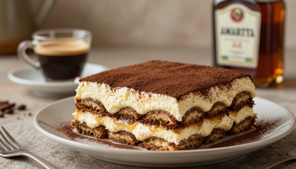 A beautifully plated amaretto tiramisu, showcasing its rich layers of coffee-soaked ladyfingers and creamy mascarpone cheese, topped with a dusting of cocoa powder. The foreground features a close-up of the dessert, with the texture of the mascarpone and the glistening amaretto drizzle inviting the viewer. In the middle background, a softly blurred cup of espresso and a bottle of amaretto liqueur add context to the traditional Italian experience. The background is a warm, rustic kitchen setting with hints of Italian decor, creating a cozy atmosphere. Soft, natural lighting illuminates the dish, casting gentle shadows and highlighting the rich colors and textures. Overall, the image conveys an inviting, indulgent mood perfect for celebrating the essence of traditional Italian flavors. A beautifully plated amaretto tiramisu, showcasing its rich layers of coffee-soaked ladyfingers and creamy mascarpone cheese, topped with a dusting of cocoa powder. The foreground features a close-up of the dessert, with the texture of the mascarpone and the glistening amaretto drizzle inviting the viewer. In the middle background, a softly blurred cup of espresso and a bottle of amaretto liqueur add context to the traditional Italian experience. The background is a warm, rustic kitchen setting with hints of Italian decor, creating a cozy atmosphere. Soft, natural lighting illuminates the dish, casting gentle shadows and highlighting the rich colors and textures. Overall, the image conveys an inviting, indulgent mood perfect for celebrating the essence of traditional Italian flavors.