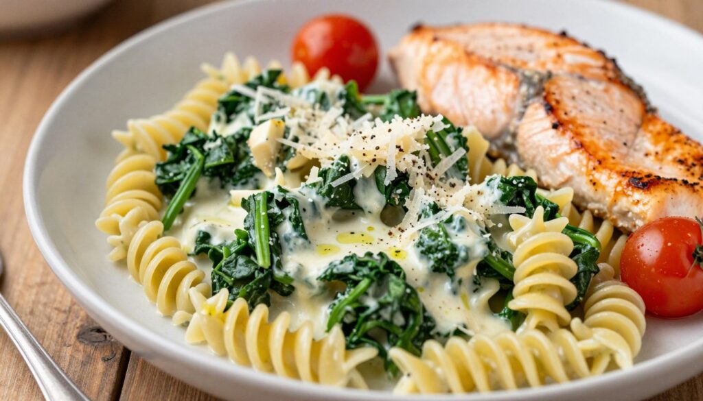 A beautifully plated dish of creamy spinach pasta, showcasing vibrant green spinach sautéed with garlic and olive oil, drizzled with a luscious cream sauce. In the foreground, focus on the spirals of freshly cooked pasta, glistening with the sauce, garnished with freshly grated Parmesan cheese and a sprinkle of black pepper. In the background, hint at tender pieces of chicken and succulent salmon fillet, lightly seared and surrounded by ripe cherry tomatoes bursting with color. The scene is bathed in warm, natural lighting, creating a cozy and inviting atmosphere, with a shallow depth of field that softens the edges of a rustic wooden table setting. Emphasize the rich textures of the ingredients, highlighting the comforting and aromatic qualities of this delicious dish. A beautifully plated dish of creamy spinach pasta, showcasing vibrant green spinach sautéed with garlic and olive oil, drizzled with a luscious cream sauce. In the foreground, focus on the spirals of freshly cooked pasta, glistening with the sauce, garnished with freshly grated Parmesan cheese and a sprinkle of black pepper. In the background, hint at tender pieces of chicken and succulent salmon fillet, lightly seared and surrounded by ripe cherry tomatoes bursting with color. The scene is bathed in warm, natural lighting, creating a cozy and inviting atmosphere, with a shallow depth of field that softens the edges of a rustic wooden table setting. Emphasize the rich textures of the ingredients, highlighting the comforting and aromatic qualities of this delicious dish.