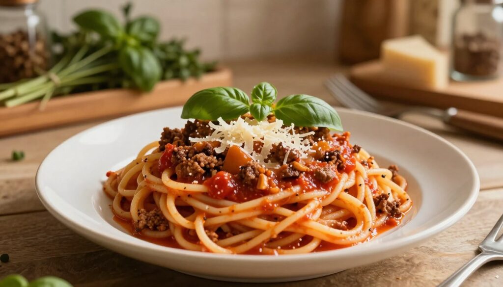A beautifully plated dish of spaghetti bolognese takes center stage, showcasing twirls of spaghetti glistening under warm, golden lighting. Rich, hearty ground beef and minced pork meld together in a vibrant tomato sauce, topped with fresh basil leaves for a pop of color. Shredded Parmesan cheese cascades over the top, melting slightly into the sauce. In the background, a rustic kitchen setting with wooden shelves filled with herbs and spices adds a warm, inviting atmosphere. The shot is taken from a slight overhead angle, capturing the dish's textures and colors, with soft shadows enhancing the depth of field. The overall mood is cozy and appetizing, perfect for a culinary article.
