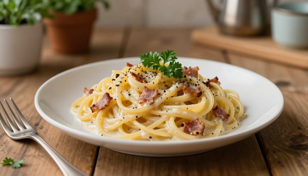 A beautifully plated dish of spaghetti carbonara sits on a rustic wooden table. The spaghetti is perfectly twirled, delicately garnished with freshly cracked black pepper and vibrant green parsley. In the foreground, there is a soft focus on a shiny fork poised beside the pasta, inviting the viewer to indulge. The middle of the image features a creamy, luscious sauce glistening on the pasta, with crispy pancetta pieces peeking through. In the background, a subtle Italian kitchen ambiance is created with a softly lit environment, featuring herbs in pots and a hint of vintage kitchenware. The warm, inviting lighting enhances the rich colors of the dish, evoking a comforting and appetizing atmosphere. The camera angle is slightly overhead, capturing the dish's alluring details while preserving a sense of homeliness. A beautifully plated dish of spaghetti carbonara sits on a rustic wooden table. The spaghetti is perfectly twirled, delicately garnished with freshly cracked black pepper and vibrant green parsley. In the foreground, there is a soft focus on a shiny fork poised beside the pasta, inviting the viewer to indulge. The middle of the image features a creamy, luscious sauce glistening on the pasta, with crispy pancetta pieces peeking through. In the background, a subtle Italian kitchen ambiance is created with a softly lit environment, featuring herbs in pots and a hint of vintage kitchenware. The warm, inviting lighting enhances the rich colors of the dish, evoking a comforting and appetizing atmosphere. The camera angle is slightly overhead, capturing the dish's alluring details while preserving a sense of homeliness.