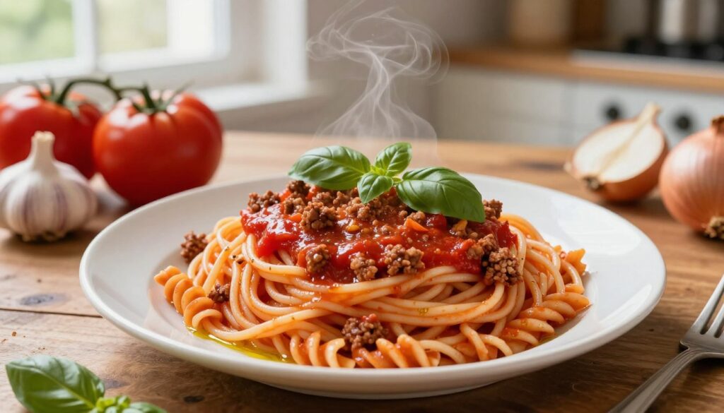 A beautifully plated dish of spaghetti topped with savory ground meat and a rich, thick tomato sauce. In the foreground, the pasta twirls elegantly on a rustic white plate, glistening with olive oil and garnished with fresh basil leaves. The ground meat is generously spooned over the pasta, and the vibrant red sauce luscious and steaming. In the middle ground, a wooden table adds warmth, displaying a few raw ingredients like ripe tomatoes, garlic, and onion, enhancing the cooking atmosphere. In the background, soft natural light filters through a kitchen window, creating a cozy and inviting look. The overall mood is homely and tantalizing, enticing the viewer to indulge in this hearty Italian dish. A beautifully plated dish of spaghetti topped with savory ground meat and a rich, thick tomato sauce. In the foreground, the pasta twirls elegantly on a rustic white plate, glistening with olive oil and garnished with fresh basil leaves. The ground meat is generously spooned over the pasta, and the vibrant red sauce luscious and steaming. In the middle ground, a wooden table adds warmth, displaying a few raw ingredients like ripe tomatoes, garlic, and onion, enhancing the cooking atmosphere. In the background, soft natural light filters through a kitchen window, creating a cozy and inviting look. The overall mood is homely and tantalizing, enticing the viewer to indulge in this hearty Italian dish.