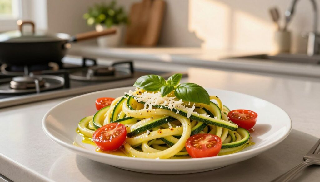 A beautifully plated dish of zucchini pasta, known as "makaron z cukinią," centered in the foreground. The zucchini is spiralized into long, delicate strands, lightly sautéed and glistening with olive oil. Garnish the dish with cherry tomatoes, fresh basil leaves, and a sprinkle of grated parmesan cheese for a burst of color and texture. In the middle background, a modern kitchen setting featuring a sleek countertop with cooking utensils and a plant for a fresh touch. The lighting is warm and inviting, simulating late afternoon sunlight streaming in from a window, creating soft shadows. The angle is slightly above the plate, emphasizing the vibrant colors of the ingredients and the appetizing presentation, evoking a sense of a light, quick meal perfect for a busy day.
