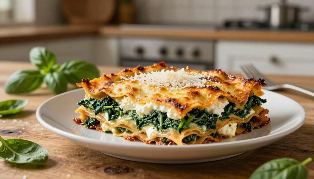 A beautifully plated lasagne with layers of vibrant spinach and creamy ricotta, showcasing a golden-brown, bubbling top with a sprinkle of parmesan cheese. The lasagne sits on a rustic wooden table, illuminated by warm, soft lighting that highlights its rich colors and textures. In the background, a gently blurred Italian kitchen scene features fresh herbs and cooking utensils, creating an inviting atmosphere. A few spinach leaves and a sprig of basil are artfully arranged nearby, adding to the freshness of the dish. The perspective is slightly angled above the dish, emphasizing the layers and inviting the viewer to savor the moment. The overall mood is warm and comforting, perfect for a cozy family meal. A beautifully plated lasagne with layers of vibrant spinach and creamy ricotta, showcasing a golden-brown, bubbling top with a sprinkle of parmesan cheese. The lasagne sits on a rustic wooden table, illuminated by warm, soft lighting that highlights its rich colors and textures. In the background, a gently blurred Italian kitchen scene features fresh herbs and cooking utensils, creating an inviting atmosphere. A few spinach leaves and a sprig of basil are artfully arranged nearby, adding to the freshness of the dish. The perspective is slightly angled above the dish, emphasizing the layers and inviting the viewer to savor the moment. The overall mood is warm and comforting, perfect for a cozy family meal.