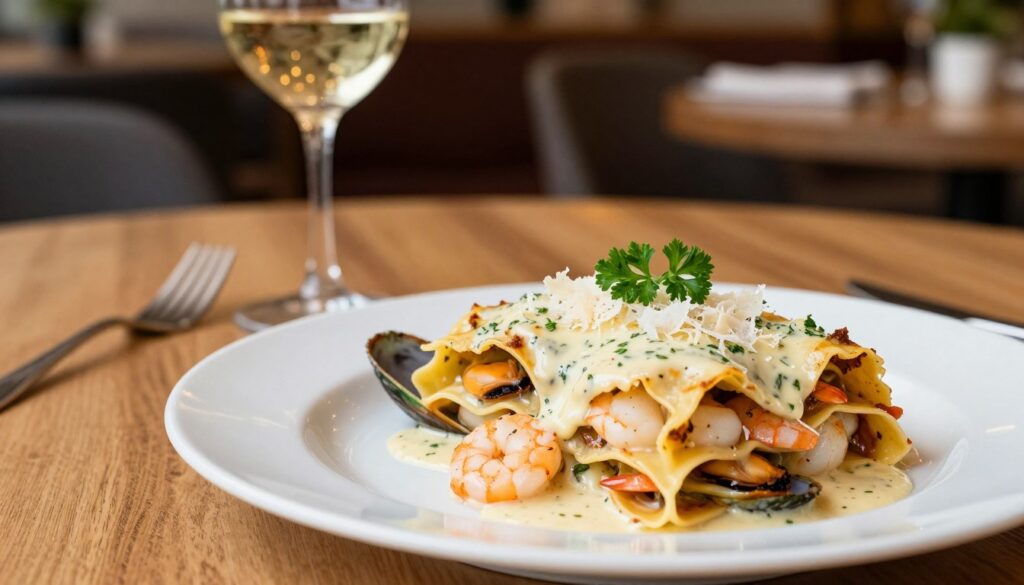 A beautifully plated lasagne with seafood, featuring layers of delicate pasta interspersed with shrimp, scallops, and mussels, all topped with a rich, creamy white sauce infused with herbs. The lasagne is garnished with fresh parsley and a sprinkle of grated Parmesan cheese, giving it a gourmet touch. In the foreground, the dish is presented on an elegant white plate, catching soft, natural light that highlights its textures and colors. In the middle, an inviting wooden table is set for a fine dining experience, complete with a sparkling glass of white wine. The background is softly blurred, hinting at a cozy restaurant atmosphere with warm lighting and subtle decor. The overall mood is sophisticated yet warm, perfect for a seafood culinary delight. A beautifully plated lasagne with seafood, featuring layers of delicate pasta interspersed with shrimp, scallops, and mussels, all topped with a rich, creamy white sauce infused with herbs. The lasagne is garnished with fresh parsley and a sprinkle of grated Parmesan cheese, giving it a gourmet touch. In the foreground, the dish is presented on an elegant white plate, catching soft, natural light that highlights its textures and colors. In the middle, an inviting wooden table is set for a fine dining experience, complete with a sparkling glass of white wine. The background is softly blurred, hinting at a cozy restaurant atmosphere with warm lighting and subtle decor. The overall mood is sophisticated yet warm, perfect for a seafood culinary delight.