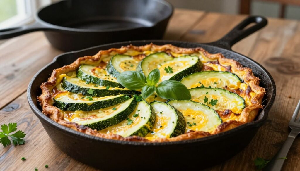A beautifully presented frittata featuring zucchini, elegantly sliced and arranged on a rustic wooden table. The frittata is golden-brown, its surface lightly crispy, while the vibrant green zucchini contrasts beautifully with the yellow eggs. Sprigs of fresh herbs, like parsley and basil, are scattered on top, adding pops of color. In the background, a cast iron skillet rests, showcasing the cooking process and inviting a homey atmosphere. Soft, natural light filters through a nearby window, casting gentle shadows and creating a warm, inviting mood. The composition is shot from a slightly elevated angle, capturing the textures and details, emphasizing freshness and the homemade quality of the dish. A beautifully presented frittata featuring zucchini, elegantly sliced and arranged on a rustic wooden table. The frittata is golden-brown, its surface lightly crispy, while the vibrant green zucchini contrasts beautifully with the yellow eggs. Sprigs of fresh herbs, like parsley and basil, are scattered on top, adding pops of color. In the background, a cast iron skillet rests, showcasing the cooking process and inviting a homey atmosphere. Soft, natural light filters through a nearby window, casting gentle shadows and creating a warm, inviting mood. The composition is shot from a slightly elevated angle, capturing the textures and details, emphasizing freshness and the homemade quality of the dish.