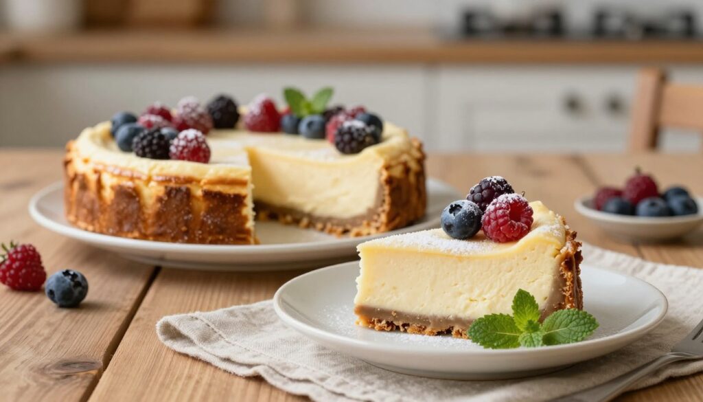 A beautifully presented gluten-free cheesecake, featuring a smooth and creamy texture topped with fresh berries and a light dusting of powdered sugar. In the foreground, focus on the rich layers of the cheesecake with a slice elegantly served on a delicate porcelain plate, garnished with mint leaves. In the middle, an inviting wooden table with a soft, neutral-colored tablecloth enhances the rustic feel. In the background, a subtle kitchen setting with soft, warm lighting accentuates the cozy atmosphere. Use a shallow depth of field to blur the background slightly, emphasizing the cheesecake. The overall mood is warm and inviting, celebrating the indulgence of gluten-free desserts. A beautifully presented gluten-free cheesecake, featuring a smooth and creamy texture topped with fresh berries and a light dusting of powdered sugar. In the foreground, focus on the rich layers of the cheesecake with a slice elegantly served on a delicate porcelain plate, garnished with mint leaves. In the middle, an inviting wooden table with a soft, neutral-colored tablecloth enhances the rustic feel. In the background, a subtle kitchen setting with soft, warm lighting accentuates the cozy atmosphere. Use a shallow depth of field to blur the background slightly, emphasizing the cheesecake. The overall mood is warm and inviting, celebrating the indulgence of gluten-free desserts.