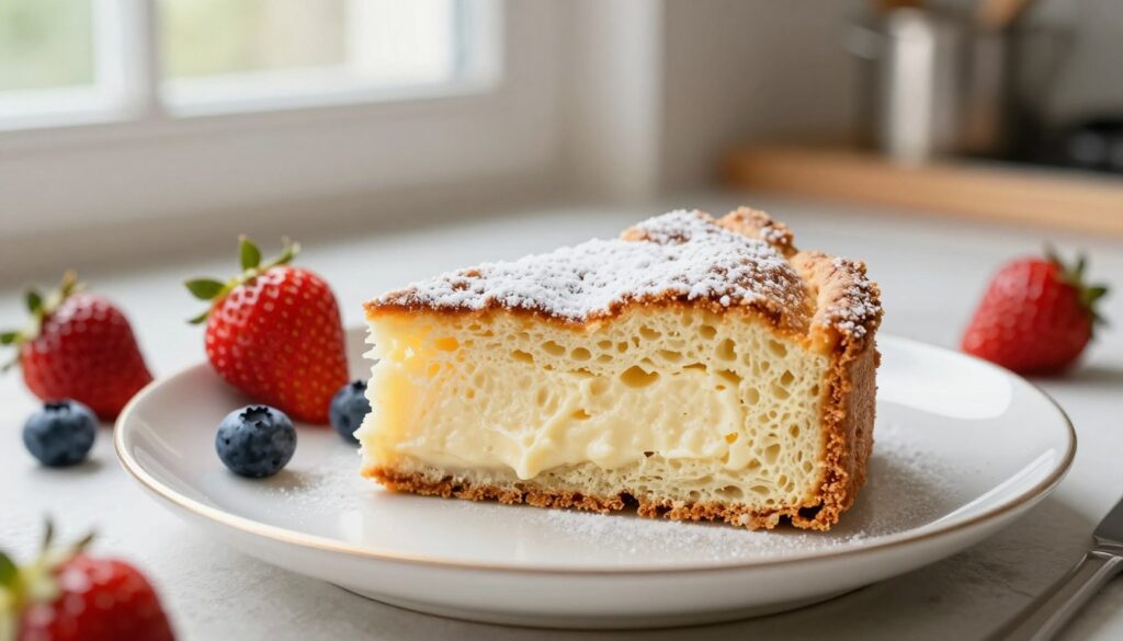 A beautifully presented slice of fluffy "sernik wiedeński" on a delicate porcelain plate, showcasing its light, airy texture and creamy filling. The foreground features a close-up of the cake slice, with a golden-brown crust and a dusting of powdered sugar on top. In the middle ground, a few fresh berries like strawberries and blueberries are scattered artistically around the plate, adding vibrant color. Soft, natural light streams in from a nearby window, creating a warm, inviting atmosphere. The background consists of a subtle, blurred kitchen setting with hints of baking utensils, enhancing the cozy ambiance. The overall scene evokes a sense of comfort and elegance, perfect for inviting readers to learn more about this classic dessert. A beautifully presented slice of fluffy "sernik wiedeński" on a delicate porcelain plate, showcasing its light, airy texture and creamy filling. The foreground features a close-up of the cake slice, with a golden-brown crust and a dusting of powdered sugar on top. In the middle ground, a few fresh berries like strawberries and blueberries are scattered artistically around the plate, adding vibrant color. Soft, natural light streams in from a nearby window, creating a warm, inviting atmosphere. The background consists of a subtle, blurred kitchen setting with hints of baking utensils, enhancing the cozy ambiance. The overall scene evokes a sense of comfort and elegance, perfect for inviting readers to learn more about this classic dessert.