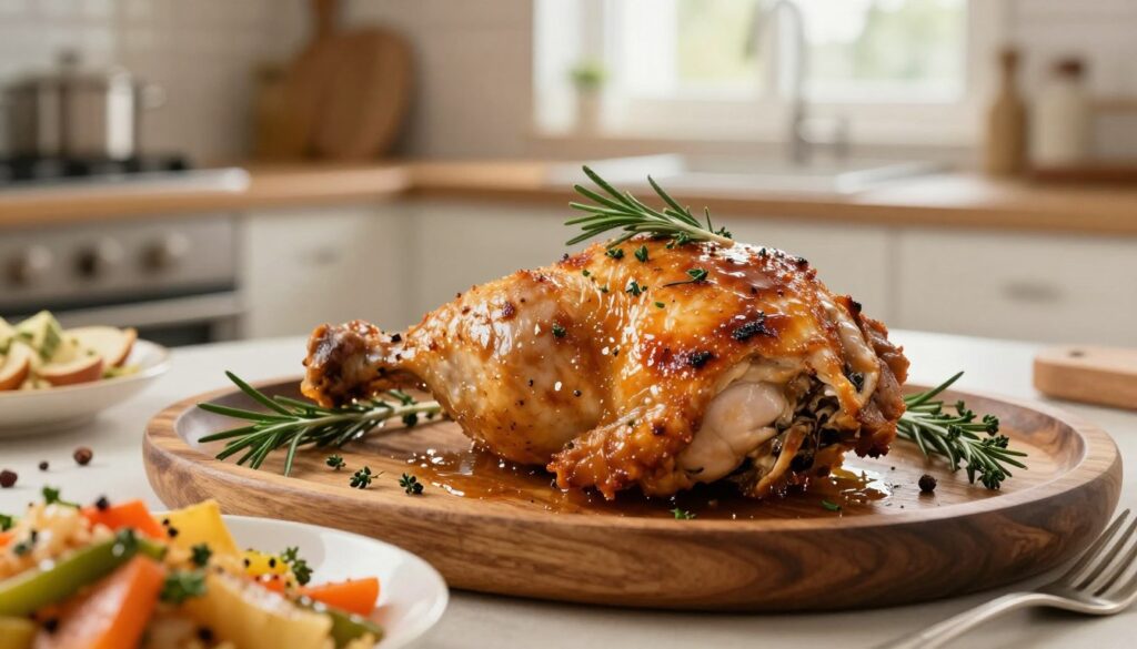 A beautifully roasted chicken thigh, glistening with a perfectly crisp golden-brown skin, served on a rustic wooden platter. The thigh is garnished with fresh herbs like rosemary and thyme, adding a vibrant touch of green. In the background, a cozy kitchen setting is visible, softly illuminated by warm, natural light filtering through a window, creating an inviting atmosphere. The foreground features a homemade side dish of seasoned vegetables, adding a splash of color, while a few spices and a fork lie beside the dish. Capture the scene from a slightly elevated angle, focusing on the delicious detail of the chicken's skin and juices, conveying a sense of warmth and homeliness that evokes the pleasure of a hearty family meal. A beautifully roasted chicken thigh, glistening with a perfectly crisp golden-brown skin, served on a rustic wooden platter. The thigh is garnished with fresh herbs like rosemary and thyme, adding a vibrant touch of green. In the background, a cozy kitchen setting is visible, softly illuminated by warm, natural light filtering through a window, creating an inviting atmosphere. The foreground features a homemade side dish of seasoned vegetables, adding a splash of color, while a few spices and a fork lie beside the dish. Capture the scene from a slightly elevated angle, focusing on the delicious detail of the chicken's skin and juices, conveying a sense of warmth and homeliness that evokes the pleasure of a hearty family meal.