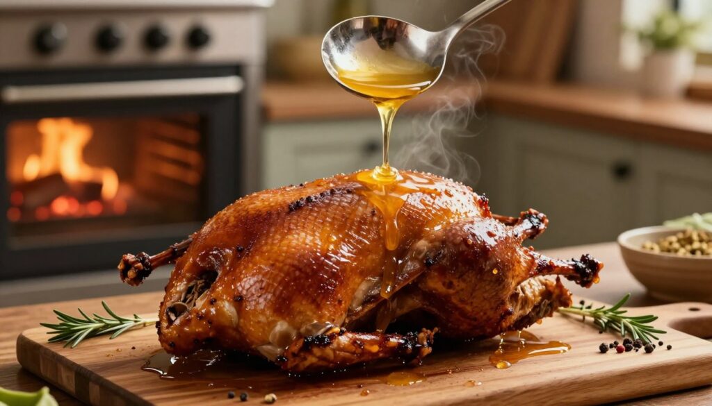A beautifully roasted duck being basted with rich, golden fat in a rustic kitchen setting. In the foreground, a shiny ladle pours melted duck fat over the bird, creating a glistening effect. The middle section features a perfectly browned duck resting on a wooden cutting board surrounded by herbs and spices, with droplets of fat glistening in the warm light. In the background, an oven with a glowing ember shows a hint of steam rising, suggesting the ideal cooking temperature. The scene is illuminated by soft, warm lighting that enhances the inviting atmosphere. The composition is shot from a slight angle to capture the texture of the duck skin and the richness of the fat for a visually appealing and mouthwatering representation.