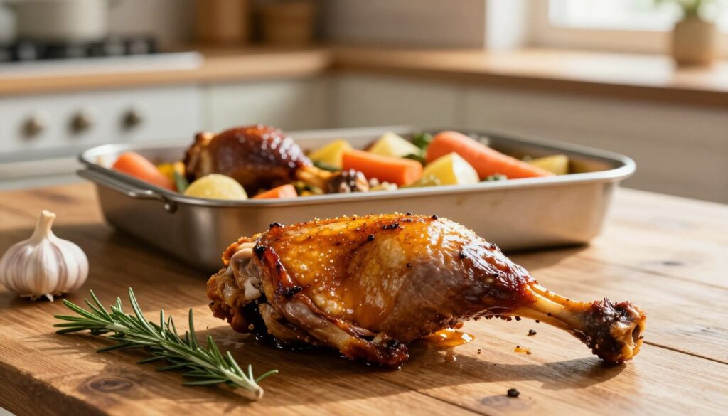 A beautifully roasted duck leg, glistening with a rich golden-brown glaze, sits temptingly on a rustic wooden table. The foreground features garnishes of fresh rosemary and garlic, enhancing the inviting presentation. In the middle ground, a simple baked dish with a few more duck legs, surrounded by colorful root vegetables like carrots and potatoes, fills a metal baking tray. The background showcases a softly lit kitchen environment with warm tones, hinting at cozy cooking vibes. The scene is illuminated by diffused sunlight streaming through a window, creating gentle shadows and highlighting the textures of the meat. The overall mood is warm and inviting, emphasizing the simplicity and comfort of a hearty homemade meal. A beautifully roasted duck leg, glistening with a rich golden-brown glaze, sits temptingly on a rustic wooden table. The foreground features garnishes of fresh rosemary and garlic, enhancing the inviting presentation. In the middle ground, a simple baked dish with a few more duck legs, surrounded by colorful root vegetables like carrots and potatoes, fills a metal baking tray. The background showcases a softly lit kitchen environment with warm tones, hinting at cozy cooking vibes. The scene is illuminated by diffused sunlight streaming through a window, creating gentle shadows and highlighting the textures of the meat. The overall mood is warm and inviting, emphasizing the simplicity and comfort of a hearty homemade meal.