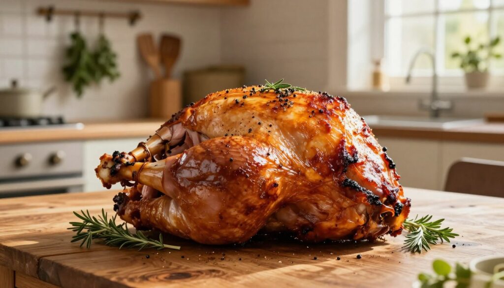A beautifully roasted ham, glistening with a golden-brown crust, positioned prominently on a rustic wooden table. The ham is garnished with fresh herbs and a sprinkle of cracked black pepper, exuding an appetizing aroma. In the background, a cozy kitchen setting with warm lighting accentuates the inviting atmosphere, featuring herbs hanging from a rack and wooden utensils displayed. Soft sunlight filters through a window, casting gentle shadows that highlight the texture of the meat. The image is captured from a slightly elevated angle to emphasize the ham's succulent details while inviting the viewer into the warm, domestic setting. The overall mood is one of comfort and home-cooked goodness, perfect for celebrating the art of traditional cooking. A beautifully roasted ham, glistening with a golden-brown crust, positioned prominently on a rustic wooden table. The ham is garnished with fresh herbs and a sprinkle of cracked black pepper, exuding an appetizing aroma. In the background, a cozy kitchen setting with warm lighting accentuates the inviting atmosphere, featuring herbs hanging from a rack and wooden utensils displayed. Soft sunlight filters through a window, casting gentle shadows that highlight the texture of the meat. The image is captured from a slightly elevated angle to emphasize the ham's succulent details while inviting the viewer into the warm, domestic setting. The overall mood is one of comfort and home-cooked goodness, perfect for celebrating the art of traditional cooking.
