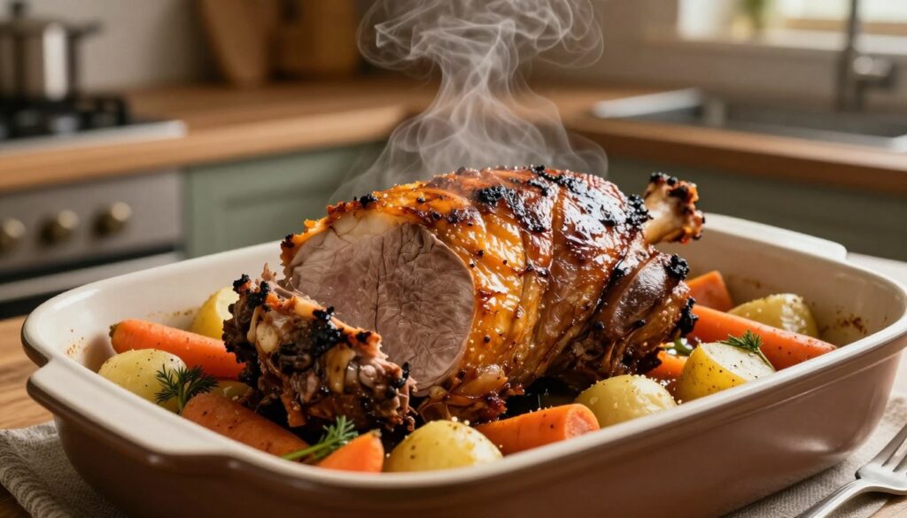 A beautifully roasted pork loin, known as "schab pieczony," presented elegantly in a baking dish. The pork is glistening with a golden-brown crust, showcasing a juicy interior as steam gently rises. Surrounding the meat, there are colorful, roasted vegetables like carrots and potatoes, highlighting the natural colors of the dish. The setting is a warm, rustic kitchen with soft, ambient lighting that enhances the inviting atmosphere. The camera is angled slightly downward, focusing on the dish from a three-quarters perspective, capturing the delicious details of the meat and vegetables. The background features a blurred wooden countertop and kitchen utensils, suggesting a homely cooking environment. The overall mood conveys a sense of warmth and comfort, perfect for a hearty meal. A beautifully roasted pork loin, known as "schab pieczony," presented elegantly in a baking dish. The pork is glistening with a golden-brown crust, showcasing a juicy interior as steam gently rises. Surrounding the meat, there are colorful, roasted vegetables like carrots and potatoes, highlighting the natural colors of the dish. The setting is a warm, rustic kitchen with soft, ambient lighting that enhances the inviting atmosphere. The camera is angled slightly downward, focusing on the dish from a three-quarters perspective, capturing the delicious details of the meat and vegetables. The background features a blurred wooden countertop and kitchen utensils, suggesting a homely cooking environment. The overall mood conveys a sense of warmth and comfort, perfect for a hearty meal.