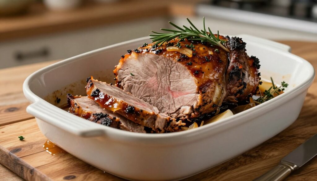 A beautifully roasted pork loin, or "schab pieczony," is displayed in an elegant ceramic roasting dish. The succulent meat, golden-brown and glistening, is garnished with fresh herbs like rosemary and thyme, along with sliced garlic and caramelized onions for added flavor. The foreground features a close-up view of the juicy, tender slices, showcasing the rich marbling. In the middle ground, the roasting dish is artfully arranged on a rustic wooden table, with a light sheen of roasting juices pooling around it. The background is softly blurred, hinting at a cozy kitchen atmosphere with warm, ambient lighting to create an inviting mood. The focus is on the delicious details of the dish, emphasizing the culinary artistry involved in enhancing the flavors of the roasted pork. A beautifully roasted pork loin, or "schab pieczony," is displayed in an elegant ceramic roasting dish. The succulent meat, golden-brown and glistening, is garnished with fresh herbs like rosemary and thyme, along with sliced garlic and caramelized onions for added flavor. The foreground features a close-up view of the juicy, tender slices, showcasing the rich marbling. In the middle ground, the roasting dish is artfully arranged on a rustic wooden table, with a light sheen of roasting juices pooling around it. The background is softly blurred, hinting at a cozy kitchen atmosphere with warm, ambient lighting to create an inviting mood. The focus is on the delicious details of the dish, emphasizing the culinary artistry involved in enhancing the flavors of the roasted pork.