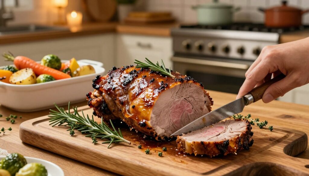 A beautifully roasted pork loin (schab) lies on a rustic wooden cutting board, glistening with a caramelized exterior and surrounded by vibrant herbs such as rosemary and thyme. In the foreground, a hand gently carves a slice, revealing a juicy, perfectly cooked interior. The middle ground showcases a serving dish filled with colorful roasted vegetables—carrots, potatoes, and Brussels sprouts—glowing under warm, golden kitchen lighting. In the background, a cozy kitchen scene with vintage cookware and an oven, emanating warmth. The atmosphere feels inviting and homely, evoking the comfort of a family meal. Capture this scene from a slightly elevated angle to emphasize the textures and colors, creating an appetizing and mouth-watering mood that highlights the tender and juicy qualities of the roasted pork. A beautifully roasted pork loin (schab) lies on a rustic wooden cutting board, glistening with a caramelized exterior and surrounded by vibrant herbs such as rosemary and thyme. In the foreground, a hand gently carves a slice, revealing a juicy, perfectly cooked interior. The middle ground showcases a serving dish filled with colorful roasted vegetables—carrots, potatoes, and Brussels sprouts—glowing under warm, golden kitchen lighting. In the background, a cozy kitchen scene with vintage cookware and an oven, emanating warmth. The atmosphere feels inviting and homely, evoking the comfort of a family meal. Capture this scene from a slightly elevated angle to emphasize the textures and colors, creating an appetizing and mouth-watering mood that highlights the tender and juicy qualities of the roasted pork.