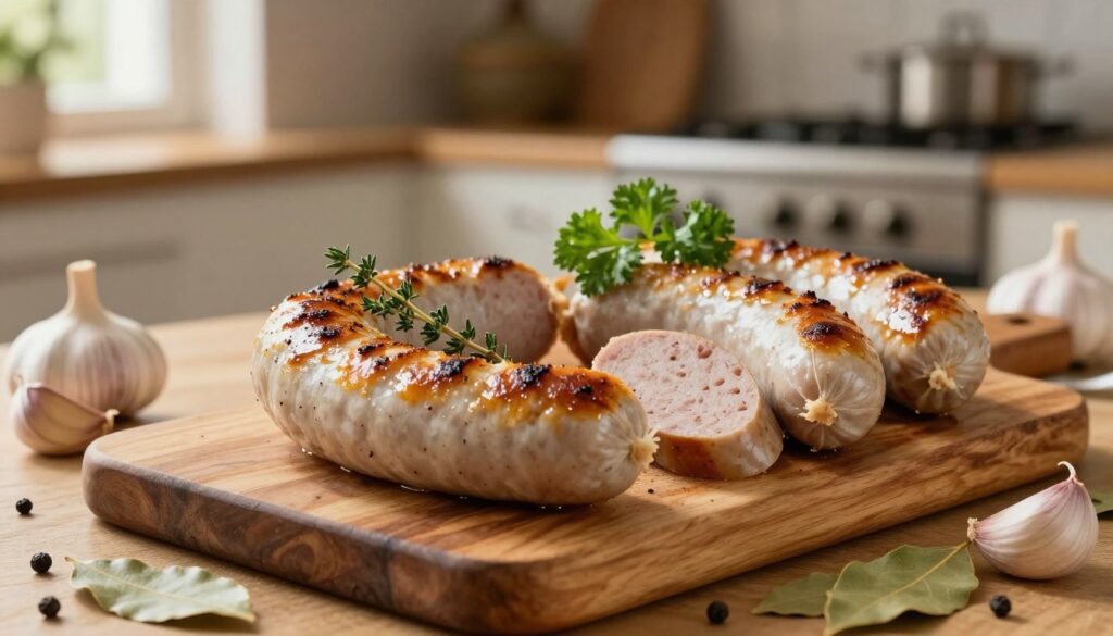 A beautifully roasted white sausage, known as "biała kiełbasa," is depicted prominently in the foreground, glistening with a golden-brown crust and garnished with fresh herbs such as thyme and parsley. In the middle, a rustic wooden cutting board displays slices of the sausage, revealing its tender, juicy interior. Surrounding the board are raw ingredients like garlic cloves, bay leaves, and black peppercorns, suggesting preparation. The background features a warm, softly lit kitchen setting with an oven in view, creating an inviting atmosphere. The lighting is warm and natural, simulating late afternoon sunshine filtering through a nearby window. The composition emphasizes the homey, comforting vibe of preparing a traditional dish, inviting viewers to explore the culinary experience. A beautifully roasted white sausage, known as "biała kiełbasa," is depicted prominently in the foreground, glistening with a golden-brown crust and garnished with fresh herbs such as thyme and parsley. In the middle, a rustic wooden cutting board displays slices of the sausage, revealing its tender, juicy interior. Surrounding the board are raw ingredients like garlic cloves, bay leaves, and black peppercorns, suggesting preparation. The background features a warm, softly lit kitchen setting with an oven in view, creating an inviting atmosphere. The lighting is warm and natural, simulating late afternoon sunshine filtering through a nearby window. The composition emphasizes the homey, comforting vibe of preparing a traditional dish, inviting viewers to explore the culinary experience.