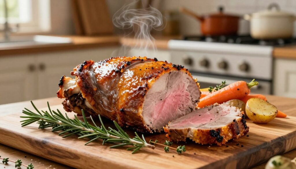 A beautifully roasted whole pork loin, glistening with a crispy, golden-brown crust, sitting on a rustic wooden cutting board. In the foreground, fresh herbs like rosemary and thyme are artfully arranged around the dish, adding a pop of greenery. The middle ground features a few slices of the juicy meat, revealing a tender pink interior, alongside a side of roasted vegetables such as carrots and potatoes, all steam rising gently in the warm kitchen atmosphere. The background shows a softly lit kitchen with wooden cabinets, a hint of baking utensils, and pots simmering on the stovetop, creating a homely and inviting mood. The lighting is warm and natural, emulating a cozy family meal setting. The camera angle captures the dish from a slight overhead perspective, highlighting the textures and colors beautifully. A beautifully roasted whole pork loin, glistening with a crispy, golden-brown crust, sitting on a rustic wooden cutting board. In the foreground, fresh herbs like rosemary and thyme are artfully arranged around the dish, adding a pop of greenery. The middle ground features a few slices of the juicy meat, revealing a tender pink interior, alongside a side of roasted vegetables such as carrots and potatoes, all steam rising gently in the warm kitchen atmosphere. The background shows a softly lit kitchen with wooden cabinets, a hint of baking utensils, and pots simmering on the stovetop, creating a homely and inviting mood. The lighting is warm and natural, emulating a cozy family meal setting. The camera angle captures the dish from a slight overhead perspective, highlighting the textures and colors beautifully.