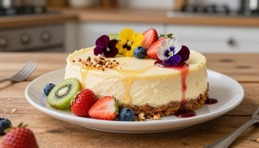 A beautifully styled cheesecake (sernik) sits gracefully on a rustic wooden table. The dessert features a creamy, smooth top adorned with a variety of colorful, fresh toppings that reflect dietary customization options. In the foreground, display a mix of vibrant fruits like strawberries, blueberries, and kiwi, artistically arranged alongside delicate edible flowers and a sprinkle of finely crushed nuts. The middle ground showcases the cheesecake on a refined white plate, with a subtle drizzle of honey or a rich berry sauce. The background is softly blurred, hinting at a cozy kitchen setting with warm, natural lighting illuminating the scene, creating an inviting and elegant atmosphere. The mood is appetizing and inspiring, highlighting healthy indulgence. A beautifully styled cheesecake (sernik) sits gracefully on a rustic wooden table. The dessert features a creamy, smooth top adorned with a variety of colorful, fresh toppings that reflect dietary customization options. In the foreground, display a mix of vibrant fruits like strawberries, blueberries, and kiwi, artistically arranged alongside delicate edible flowers and a sprinkle of finely crushed nuts. The middle ground showcases the cheesecake on a refined white plate, with a subtle drizzle of honey or a rich berry sauce. The background is softly blurred, hinting at a cozy kitchen setting with warm, natural lighting illuminating the scene, creating an inviting and elegant atmosphere. The mood is appetizing and inspiring, highlighting healthy indulgence.
