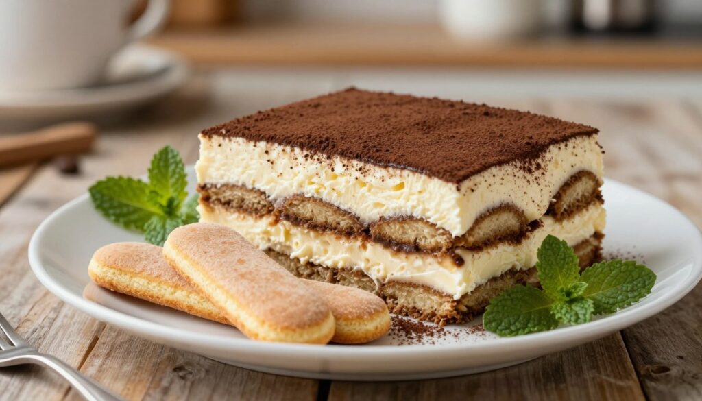 A beautifully styled keto tiramisu presented on an elegant white plate, showcasing distinct layers of creamy mascarpone with rich coffee flavor, and dusted lightly with unsweetened cocoa powder. In the foreground, delicate ladyfingers made from almond flour are artistically arranged, hinting at the dessert's low-carb credentials. The middle ground features the tiramisu, surrounded by fresh mint leaves for a pop of color. The background includes a softly blurred rustic wooden table and a warm, inviting kitchen setting bathed in soft, natural lighting, creating a cozy atmosphere. The angle of the shot is slightly elevated to capture the height and texture of the layers, evoking an enticing and gourmet feel, perfect for a dessert that's both indulgent and health-conscious. A beautifully styled keto tiramisu presented on an elegant white plate, showcasing distinct layers of creamy mascarpone with rich coffee flavor, and dusted lightly with unsweetened cocoa powder. In the foreground, delicate ladyfingers made from almond flour are artistically arranged, hinting at the dessert's low-carb credentials. The middle ground features the tiramisu, surrounded by fresh mint leaves for a pop of color. The background includes a softly blurred rustic wooden table and a warm, inviting kitchen setting bathed in soft, natural lighting, creating a cozy atmosphere. The angle of the shot is slightly elevated to capture the height and texture of the layers, evoking an enticing and gourmet feel, perfect for a dessert that's both indulgent and health-conscious.
