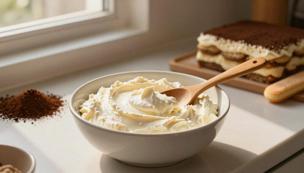 A beautifully styled kitchen countertop showcases a bowl of creamy mascarpone cream, rich and fluffy, ready for dessert preparation. In the foreground, a smooth wooden spoon is gently resting in the bowl, with a dollop of mascarpone poised on the edge. The middle ground features warm, golden light filtering through a nearby window, casting soft shadows and highlighting the texture of the cream. In the background, various ingredients for tiramisu, like coffee grounds and ladyfingers, are artfully arranged, enhancing the theme of preparation. The overall mood is inviting and homey, evoking a sense of comfort and culinary creativity, perfect for making a classic Italian dessert. The camera angle is slightly elevated to capture the scene's details and the inviting essence of the kitchen ambiance. A beautifully styled kitchen countertop showcases a bowl of creamy mascarpone cream, rich and fluffy, ready for dessert preparation. In the foreground, a smooth wooden spoon is gently resting in the bowl, with a dollop of mascarpone poised on the edge. The middle ground features warm, golden light filtering through a nearby window, casting soft shadows and highlighting the texture of the cream. In the background, various ingredients for tiramisu, like coffee grounds and ladyfingers, are artfully arranged, enhancing the theme of preparation. The overall mood is inviting and homey, evoking a sense of comfort and culinary creativity, perfect for making a classic Italian dessert. The camera angle is slightly elevated to capture the scene's details and the inviting essence of the kitchen ambiance.