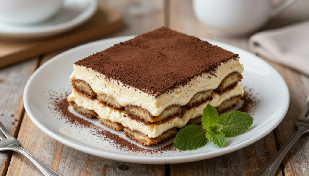 A beautifully styled plate of vegan tiramisu, showcasing layers of creamy almond-based mascarpone, espresso-soaked ladyfingers, and a dusting of dark cacao powder. In the foreground, the dessert is elegantly arranged, with a few fresh mint leaves adding a pop of color. In the middle background, subtle hints of background elements like a rustic wooden table and soft, blurred kitchenware provide a warm, inviting atmosphere. The lighting is soft and diffused, creating a cozy, homely feel. The composition is captured from a top-down angle, emphasizing the rich textures and layers of the tiramisu, while maintaining a clean, minimalist aesthetic. The mood is light and appetizing, perfect for showcasing this delicious plant-based version of a classic Italian dessert. A beautifully styled plate of vegan tiramisu, showcasing layers of creamy almond-based mascarpone, espresso-soaked ladyfingers, and a dusting of dark cacao powder. In the foreground, the dessert is elegantly arranged, with a few fresh mint leaves adding a pop of color. In the middle background, subtle hints of background elements like a rustic wooden table and soft, blurred kitchenware provide a warm, inviting atmosphere. The lighting is soft and diffused, creating a cozy, homely feel. The composition is captured from a top-down angle, emphasizing the rich textures and layers of the tiramisu, while maintaining a clean, minimalist aesthetic. The mood is light and appetizing, perfect for showcasing this delicious plant-based version of a classic Italian dessert.