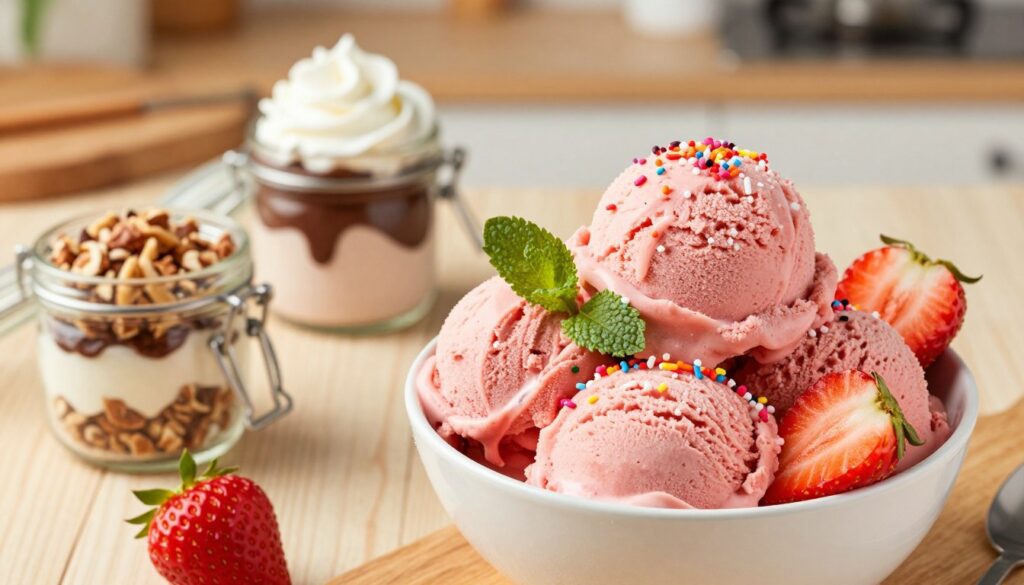 A beautifully styled scene of strawberry ice cream in a delightful dessert bowl, surrounded by creative toppings. In the foreground, the bowl features vibrant scoops of strawberry ice cream, garnished with fresh mint leaves, colorful sprinkles, and slices of fresh strawberries. In the middle ground, there are small jars containing various toppings like crushed nuts, chocolate sauce, and whipped cream, inviting viewers to customize their dessert. The background showcases a soft-focus kitchen setting with warm lighting, highlighting a wooden table and subtle kitchen tools to create a cozy atmosphere. The image should be bright and cheerful, evoking a sense of joy and creativity in making fun ice cream treats. The angle should be slightly overhead, giving a clear perspective of the toppings and the enticing ice cream bowl. A beautifully styled scene of strawberry ice cream in a delightful dessert bowl, surrounded by creative toppings. In the foreground, the bowl features vibrant scoops of strawberry ice cream, garnished with fresh mint leaves, colorful sprinkles, and slices of fresh strawberries. In the middle ground, there are small jars containing various toppings like crushed nuts, chocolate sauce, and whipped cream, inviting viewers to customize their dessert. The background showcases a soft-focus kitchen setting with warm lighting, highlighting a wooden table and subtle kitchen tools to create a cozy atmosphere. The image should be bright and cheerful, evoking a sense of joy and creativity in making fun ice cream treats. The angle should be slightly overhead, giving a clear perspective of the toppings and the enticing ice cream bowl.