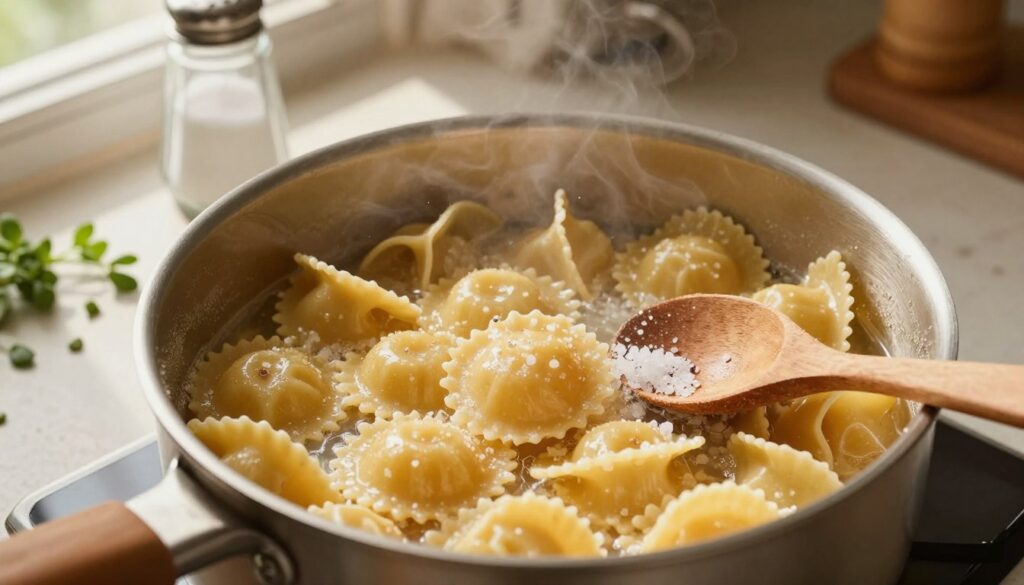 A beautifully styled top-down view of a pot of boiling pasta, showcasing perfectly cooked "makaronu" in rich, golden tones. The pasta is surrounded by a sprinkle of coarse sea salt glistening in the light, with a wooden spoon resting on the side. In the background, a rustic kitchen countertop adds warmth, featuring scattered herbs and an elegant salt shaker. Soft, natural lighting streams in from a nearby window, illuminating the scene and casting gentle shadows to enhance the texture of the pasta. The atmosphere is inviting, evoking a sense of comfort and culinary art. The focus should be on the makaronu, with a close-up depth of field that slightly blurs the background, creating a harmonious balance perfect for an article about cooking pasta. A beautifully styled top-down view of a pot of boiling pasta, showcasing perfectly cooked "makaronu" in rich, golden tones. The pasta is surrounded by a sprinkle of coarse sea salt glistening in the light, with a wooden spoon resting on the side. In the background, a rustic kitchen countertop adds warmth, featuring scattered herbs and an elegant salt shaker. Soft, natural lighting streams in from a nearby window, illuminating the scene and casting gentle shadows to enhance the texture of the pasta. The atmosphere is inviting, evoking a sense of comfort and culinary art. The focus should be on the makaronu, with a close-up depth of field that slightly blurs the background, creating a harmonious balance perfect for an article about cooking pasta.