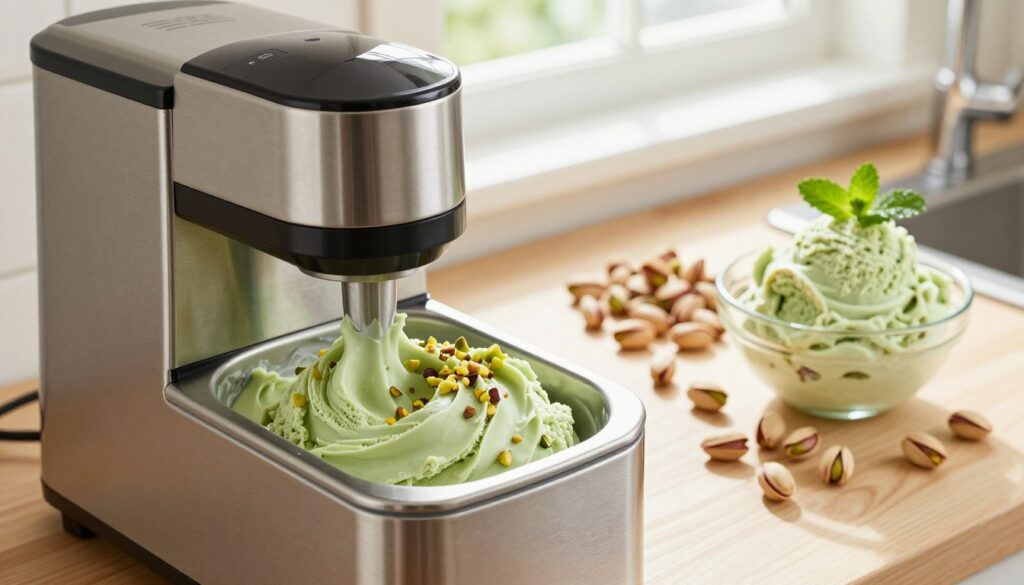 A bright and inviting kitchen scene featuring a sleek ice cream maker with a shiny stainless steel finish, positioned prominently in the foreground. The machine is actively churning creamy pistachio ice cream, with swirls of rich green and hints of crushed pistachio nuts visible. The middle ground contains an array of fresh, vibrant pistachios scattered around, alongside a glass bowl filled with the freshly made ice cream, topped with a sprig of mint. In the background, soft natural light filters through a window, casting a warm glow over light-colored wooden countertops. The overall atmosphere is cozy and enticing, evoking the joy of homemade ice cream making. The scene is captured from a slightly elevated angle, providing a clear view of the machine and the delicious ice cream, creating a sense of warm culinary creativity. A bright and inviting kitchen scene featuring a sleek ice cream maker with a shiny stainless steel finish, positioned prominently in the foreground. The machine is actively churning creamy pistachio ice cream, with swirls of rich green and hints of crushed pistachio nuts visible. The middle ground contains an array of fresh, vibrant pistachios scattered around, alongside a glass bowl filled with the freshly made ice cream, topped with a sprig of mint. In the background, soft natural light filters through a window, casting a warm glow over light-colored wooden countertops. The overall atmosphere is cozy and enticing, evoking the joy of homemade ice cream making. The scene is captured from a slightly elevated angle, providing a clear view of the machine and the delicious ice cream, creating a sense of warm culinary creativity.
