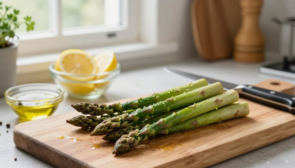 A bright and inviting kitchen scene showcasing the preparation of asparagus for roasting. In the foreground, a wooden cutting board is adorned with freshly washed, vibrant green asparagus spears, their tips gently glistening with water droplets. To the side, a chef's knife rests beside a small bowl filled with olive oil, salt, and pepper, emphasizing the simplicity of the seasoning. In the middle ground, natural light floods in from a window, illuminating a bowl of lemon slices and a sprig of fresh herbs, adding a dash of color and freshness. The background features an organized kitchen counter with rustic utensils and a hint of potted herbs. The atmosphere is warm and cozy, evoking a sense of home cooking. A bright and inviting kitchen scene showcasing the preparation of asparagus for roasting. In the foreground, a wooden cutting board is adorned with freshly washed, vibrant green asparagus spears, their tips gently glistening with water droplets. To the side, a chef's knife rests beside a small bowl filled with olive oil, salt, and pepper, emphasizing the simplicity of the seasoning. In the middle ground, natural light floods in from a window, illuminating a bowl of lemon slices and a sprig of fresh herbs, adding a dash of color and freshness. The background features an organized kitchen counter with rustic utensils and a hint of potted herbs. The atmosphere is warm and cozy, evoking a sense of home cooking.