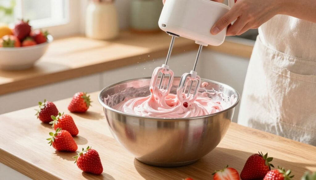 A bright, inviting kitchen scene showcases the process of whipping creamy strawberry mixture. In the foreground, a stainless steel mixing bowl sits on a wooden countertop, filled with a fluffy, pale pink cream. A hand, clad in a simple white apron, holds a handheld mixer, its whisks spinning rapidly, sending tiny droplets of cream into the air. In the middle ground, fresh strawberries are scattered around, some whole and others sliced, their vibrant red contrasting beautifully with the cream. Soft, natural sunlight streams through a nearby window, casting gentle shadows and highlighting the glossy texture of the strawberries. The background features charming kitchen elements like a fruit bowl and colorful utensils, creating a warm, homely atmosphere perfect for making delicious strawberry ice cream at home. A bright, inviting kitchen scene showcases the process of whipping creamy strawberry mixture. In the foreground, a stainless steel mixing bowl sits on a wooden countertop, filled with a fluffy, pale pink cream. A hand, clad in a simple white apron, holds a handheld mixer, its whisks spinning rapidly, sending tiny droplets of cream into the air. In the middle ground, fresh strawberries are scattered around, some whole and others sliced, their vibrant red contrasting beautifully with the cream. Soft, natural sunlight streams through a nearby window, casting gentle shadows and highlighting the glossy texture of the strawberries. The background features charming kitchen elements like a fruit bowl and colorful utensils, creating a warm, homely atmosphere perfect for making delicious strawberry ice cream at home.