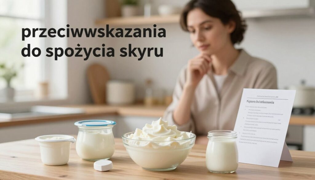 A clean and informative layout illustrating the concept of "przeciwwskazania do spożycia skyru". In the foreground, include a simple, elegant display of various dairy products, such as a bowl of skyr, small containers of yogurt, and a few contrasting items indicating contraindications, like a tablet and a list of medical notes, softly blurred to focus on the dairy. In the middle ground, incorporate a soft-focus human figure, dressed in professional attire, thoughtfully examining the items, symbolizing a discerning consumer. In the background, use a serene kitchen environment, highlighted with natural light filtering through a window, enhancing the calming and informative mood. The overall tone should convey health consciousness and moderation in dietary choices, with warm, inviting colors. A clean and informative layout illustrating the concept of "przeciwwskazania do spożycia skyru". In the foreground, include a simple, elegant display of various dairy products, such as a bowl of skyr, small containers of yogurt, and a few contrasting items indicating contraindications, like a tablet and a list of medical notes, softly blurred to focus on the dairy. In the middle ground, incorporate a soft-focus human figure, dressed in professional attire, thoughtfully examining the items, symbolizing a discerning consumer. In the background, use a serene kitchen environment, highlighted with natural light filtering through a window, enhancing the calming and informative mood. The overall tone should convey health consciousness and moderation in dietary choices, with warm, inviting colors.