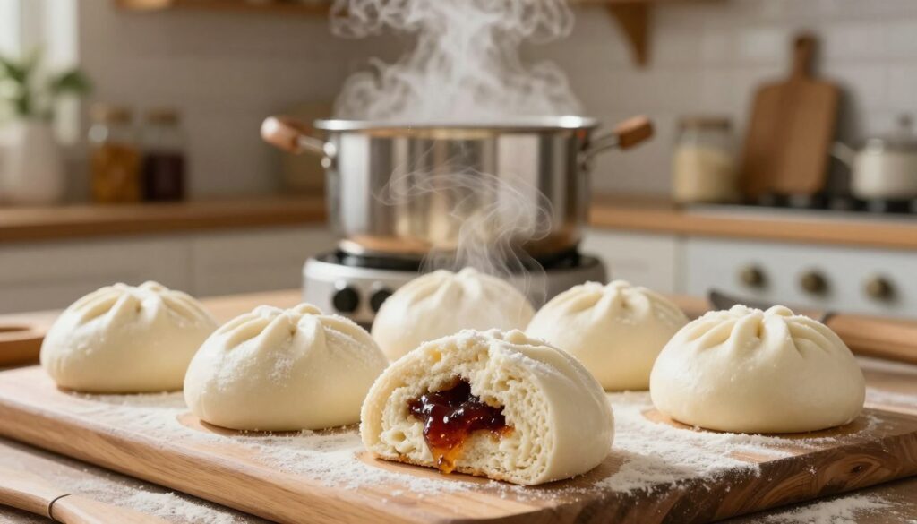 A close-up, beautifully styled composition of freshly steamed "buchty parze" buns, showcasing their soft, fluffy texture. The foreground features a wooden board dusted with flour, where several steaming white buns are arranged neatly, with a few filled with jam peeking out. In the middle, a steaming pot or a high-quality steam oven is artfully displayed, hinting at the baking process. The background includes soft-focused kitchen elements like a rustic kitchen setting with wooden shelves, jars of ingredients, and kitchen tools subtly illuminated. The lighting is warm and inviting, creating a cozy atmosphere, with a slight overhead light casting gentle shadows to enhance depth. The overall mood is cheerful and homely, emphasizing the comfort of homemade cuisine. A close-up, beautifully styled composition of freshly steamed "buchty parze" buns, showcasing their soft, fluffy texture. The foreground features a wooden board dusted with flour, where several steaming white buns are arranged neatly, with a few filled with jam peeking out. In the middle, a steaming pot or a high-quality steam oven is artfully displayed, hinting at the baking process. The background includes soft-focused kitchen elements like a rustic kitchen setting with wooden shelves, jars of ingredients, and kitchen tools subtly illuminated. The lighting is warm and inviting, creating a cozy atmosphere, with a slight overhead light casting gentle shadows to enhance depth. The overall mood is cheerful and homely, emphasizing the comfort of homemade cuisine.