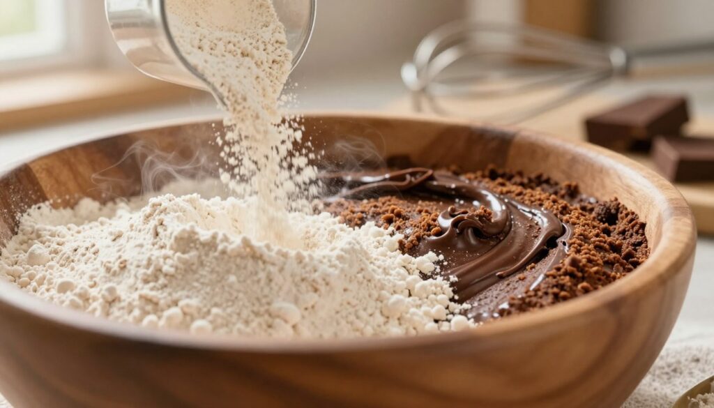 A close-up composition focusing on a wooden bowl filled with different types of flour, including all-purpose and cake flour, showcasing their distinct textures. The foreground features a measuring cup pouring flour gently, creating a soft, airy cloud. In the middle, a partially mixed bowl of brownie batter demonstrates the difference in consistency due to varying flour amounts, with glossy chocolate swirls alongside the dry flour's grainy texture. The background is softly blurred, revealing warm kitchen elements like a whisk and chocolate chunks for an inviting baking atmosphere. The lighting is warm and natural, coming from a window, casting soft shadows. The overall mood is cozy and inviting, perfect for a home baking scene.