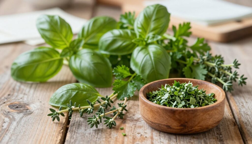 A close-up composition of fresh herbs laid out on a rustic wooden surface, showcasing vibrant green basil leaves, sprigs of parsley, and delicate thyme. The foreground features a small, elegant wooden bowl filled with freshly minced herbs. In the middle ground, a few herbs are arranged artistically, their textures and colors contrasting beautifully. Soft, natural lighting filters in from the left, casting gentle shadows and highlighting the glossy leaves. The background is slightly blurred, hinting at a cozy kitchen environment with blurred recipe notes and a cutting board for context. The atmosphere is warm and inviting, evoking a sense of home-cooked meals and culinary creativity. A close-up composition of fresh herbs laid out on a rustic wooden surface, showcasing vibrant green basil leaves, sprigs of parsley, and delicate thyme. The foreground features a small, elegant wooden bowl filled with freshly minced herbs. In the middle ground, a few herbs are arranged artistically, their textures and colors contrasting beautifully. Soft, natural lighting filters in from the left, casting gentle shadows and highlighting the glossy leaves. The background is slightly blurred, hinting at a cozy kitchen environment with blurred recipe notes and a cutting board for context. The atmosphere is warm and inviting, evoking a sense of home-cooked meals and culinary creativity.