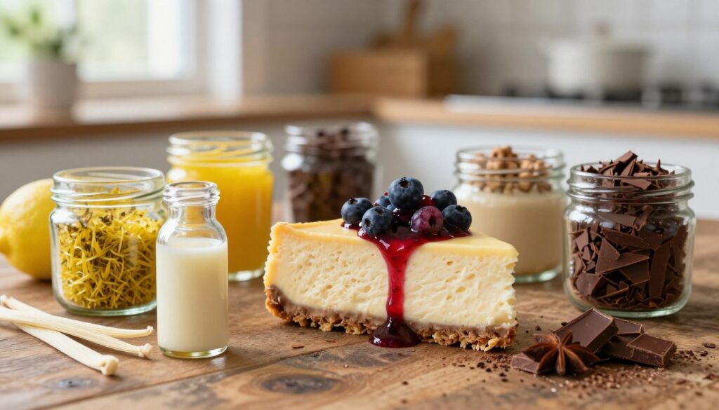 A close-up composition of various cheesecake flavoring extracts and spices, elegantly arranged on a rustic wooden table. In the foreground, a small glass bottle containing creamy vanilla extract, alongside vibrant jars of lemon zest and rich chocolate shavings. In the middle, a beautifully textured cheesecake slice, showcasing a perfect creamy consistency topped with a drizzle of berry sauce. The background is softly blurred, featuring natural light filtering through a kitchen window, creating a warm, inviting atmosphere. The overall mood is cozy and creative, highlighting the art of flavoring cheesecake with aromatic ingredients. The image should be rich in detail and color, emphasizing the delightful harmony of flavors.
