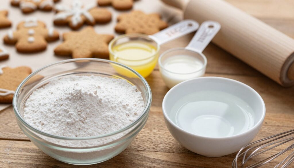 A close-up composition showcasing essential ingredients for making icing, specifically for gingerbread. In the foreground, prominently display a bowl of powdered sugar, a small dish of water, and a whisk, capturing the texture of the sugar and the sheen of the water. In the middle, include clear measuring spoons filled with lemon juice and egg whites, with a rolling pin partially visible. The background should softly blur, hinting at an array of gingerbread cookies and festive baking tools to create a cozy, inviting atmosphere. Use warm, natural lighting to emphasize the white of the sugar and the earthy tones of the wooden surface, evoking a sense of homely baking bliss. Focus the angle from a slight overhead perspective to convey depth.