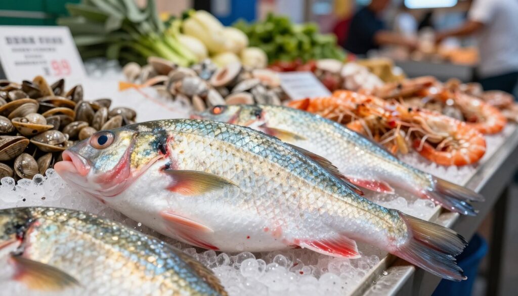 A close-up image of a fresh fish, prominently displayed on a clean and vibrant market stall. In the foreground, the fish's shiny scales glisten under bright, natural lighting, showcasing its vivid colors and smooth texture. The eyes are clear and bulging, indicating freshness, while the gills are a bright red, adding to the fish’s allure. In the middle ground, various other seafood items like shrimp and clams are artistically arranged, enhancing the seafood market atmosphere. The background features a blurred market scene with fresh produce and a few subtle hints of customers browsing, evoking a lively and bustling environment. The mood is inviting and appetizing, perfect for showcasing the importance of selecting fresh fish. A close-up image of a fresh fish, prominently displayed on a clean and vibrant market stall. In the foreground, the fish's shiny scales glisten under bright, natural lighting, showcasing its vivid colors and smooth texture. The eyes are clear and bulging, indicating freshness, while the gills are a bright red, adding to the fish’s allure. In the middle ground, various other seafood items like shrimp and clams are artistically arranged, enhancing the seafood market atmosphere. The background features a blurred market scene with fresh produce and a few subtle hints of customers browsing, evoking a lively and bustling environment. The mood is inviting and appetizing, perfect for showcasing the importance of selecting fresh fish.