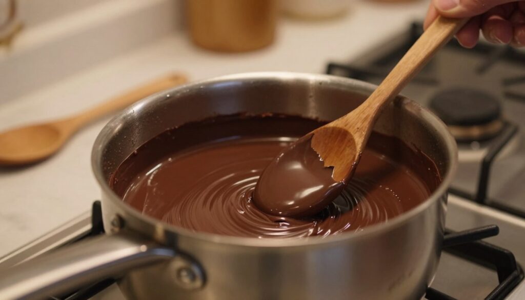 A close-up image of a glossy, rich chocolate melting in a stainless steel saucepan on a stovetop. The chocolate should appear smooth and luxurious, with a few chunks partially melted, glistening in the warm light. Surrounding the saucepan, a wooden spoon rests on a marble countertop, hinting at the act of stirring. Soft, ambient lighting bathes the scene, creating a warm and inviting atmosphere, while reflecting off the metallic surface of the pot. In the background, a cozy kitchen is softly blurred, suggesting a homey environment, with subtle hints of utensils and baking tools. The composition should evoke a sense of culinary artistry and comfort as the chocolate transforms into a silky sauce, perfect for drizzling over cake.