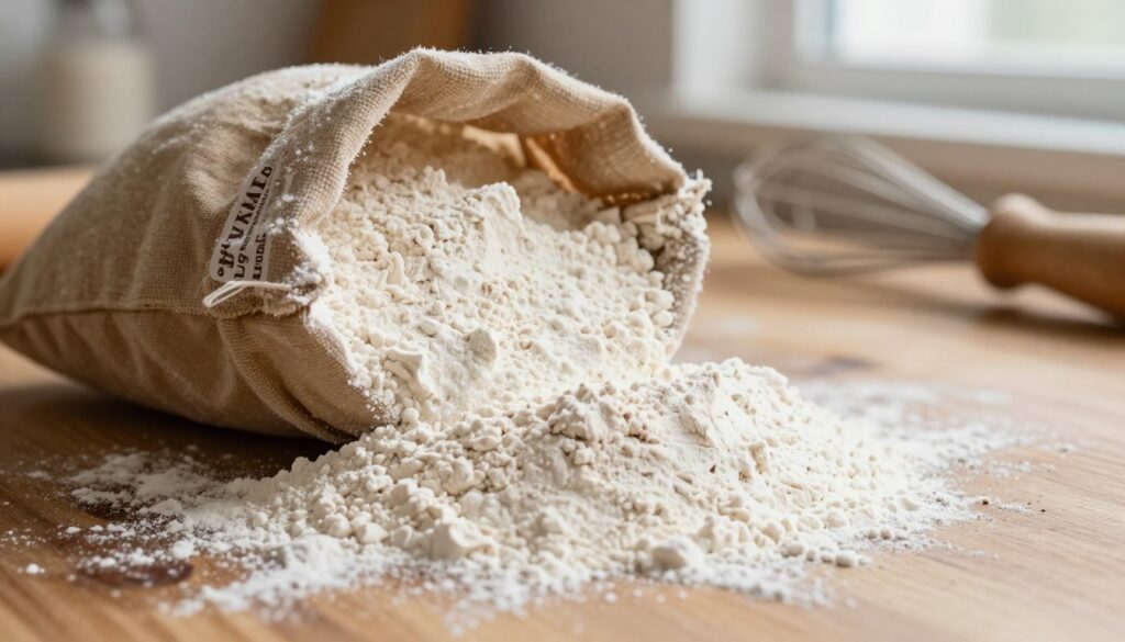 A close-up image of fine, white flour, specifically "mąka pszenna typ 450," poured from a rustic brown sack onto a wooden kitchen counter. The flour is delicately dusted, creating a soft mound with subtle shadows showing its texture. In the background, blurred kitchen utensils like a whisk and a bowl can be seen, hinting at the baking process. Soft, natural light filters in from a nearby window, illuminating the flour and providing a warm, inviting atmosphere. The composition emphasizes the purity and versatility of the flour, ideal for making rich, moist brownies. The overall mood is cozy and inviting, perfect for a home baking setting.