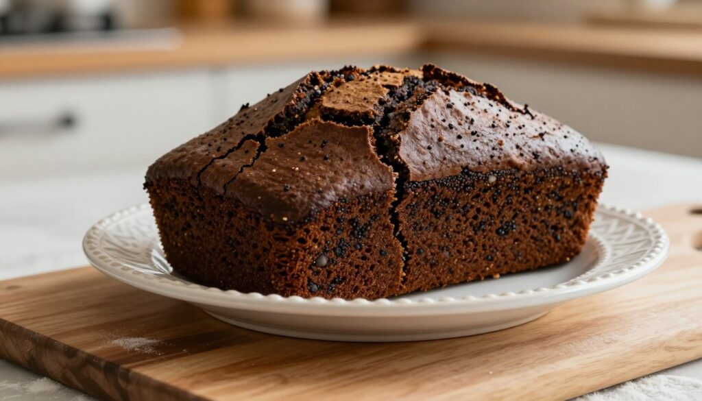 A close-up of a beautifully cracked cake, showcasing detailed fissures on the surface. The cake is a rich, dark poppy-seed loaf, perfectly baked but showing signs of split edges and irregularities on the top. The foreground features a smooth wooden cutting board, dusted lightly with flour, enhancing the freshness of baking. In the middle, the cake is placed on a delicate white ceramic plate with intricate patterns, contrasting the texture of the cake. The background is softly blurred with warm, ambient kitchen light illuminating the scene, evoking a cozy baking atmosphere. The composition is shot from a slightly high angle to capture the cracks clearly, inviting the viewer into the world of baking mishaps with a warm, inviting mood. A close-up of a beautifully cracked cake, showcasing detailed fissures on the surface. The cake is a rich, dark poppy-seed loaf, perfectly baked but showing signs of split edges and irregularities on the top. The foreground features a smooth wooden cutting board, dusted lightly with flour, enhancing the freshness of baking. In the middle, the cake is placed on a delicate white ceramic plate with intricate patterns, contrasting the texture of the cake. The background is softly blurred with warm, ambient kitchen light illuminating the scene, evoking a cozy baking atmosphere. The composition is shot from a slightly high angle to capture the cracks clearly, inviting the viewer into the world of baking mishaps with a warm, inviting mood.