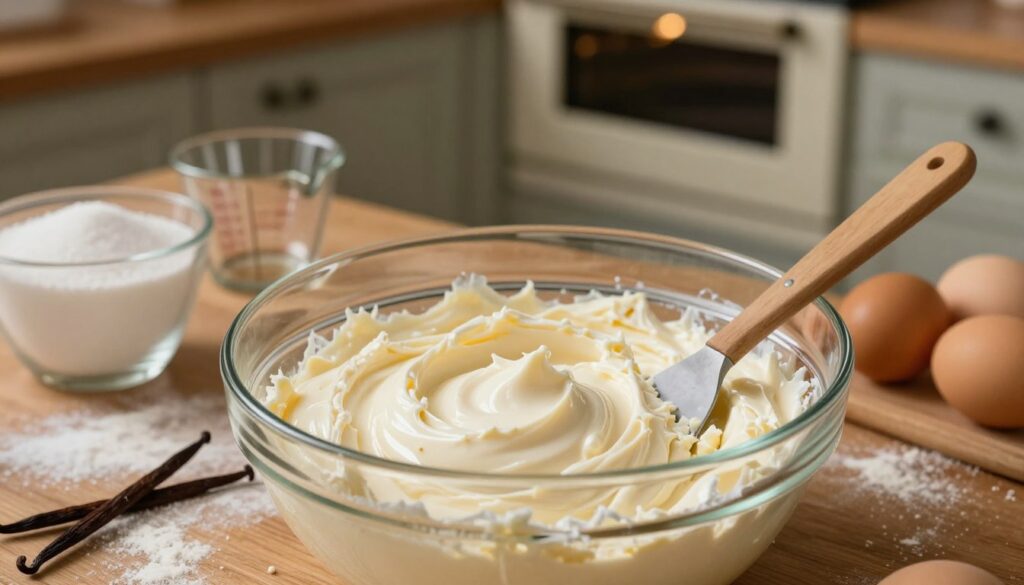 A close-up of a creamy cheese mixture, or "masy serowej," being prepared in a rustic kitchen. In the foreground, a glass mixing bowl filled with smooth, rich, and glossy cream cheese, with a spatula resting on the edge. The bowl is surrounded by ingredients like sugar, eggs, and vanilla pods, artistically scattered around. In the middle ground, a wooden countertop depicting slight flour dust and various measuring cups adding a homey feel. The background features a vintage oven, slightly blurred, with warm, ambient lighting illuminating the scene, creating a cozy and inviting atmosphere. The focus is sharp on the creamy mixture, highlighting its texture and consistency, conveying the essence of a perfect cheesecake preparation. A close-up of a creamy cheese mixture, or "masy serowej," being prepared in a rustic kitchen. In the foreground, a glass mixing bowl filled with smooth, rich, and glossy cream cheese, with a spatula resting on the edge. The bowl is surrounded by ingredients like sugar, eggs, and vanilla pods, artistically scattered around. In the middle ground, a wooden countertop depicting slight flour dust and various measuring cups adding a homey feel. The background features a vintage oven, slightly blurred, with warm, ambient lighting illuminating the scene, creating a cozy and inviting atmosphere. The focus is sharp on the creamy mixture, highlighting its texture and consistency, conveying the essence of a perfect cheesecake preparation.