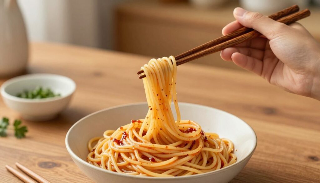 A close-up of a pair of elegant hands, gracefully holding traditional wooden chopsticks, poised above a bowl of perfectly cooked spaghetti. The foreground features the chopsticks expertly gripping several strands of pasta, with a slight sheen of sauce glistening in the light. In the middle, a polished wooden table complements the set-up, with a small dipping bowl and fresh herbs adding to the scene. The background softly fades into a warm, inviting kitchen atmosphere with blurred culinary elements, enhancing the focus on the task at hand. The image is illuminated by soft, natural lighting, creating a calm and inviting mood, ideal for a dining experience. The composition is shot from a top-down angle, emphasizing the technique of using chopsticks effectively. A close-up of a pair of elegant hands, gracefully holding traditional wooden chopsticks, poised above a bowl of perfectly cooked spaghetti. The foreground features the chopsticks expertly gripping several strands of pasta, with a slight sheen of sauce glistening in the light. In the middle, a polished wooden table complements the set-up, with a small dipping bowl and fresh herbs adding to the scene. The background softly fades into a warm, inviting kitchen atmosphere with blurred culinary elements, enhancing the focus on the task at hand. The image is illuminated by soft, natural lighting, creating a calm and inviting mood, ideal for a dining experience. The composition is shot from a top-down angle, emphasizing the technique of using chopsticks effectively.