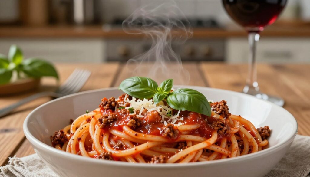 A close-up of a steaming bowl of spaghetti featuring a rich, thick tomato sauce loaded with ground meat. The spaghetti should be perfectly twirled, showcasing the sauce glistening under soft, warm lighting that emphasizes the vibrant reds and browns of the ingredients. In the foreground, sprinkle freshly chopped basil and grated cheese atop the dish for a pop of color. The middle ground includes a rustic wooden table setting, complete with a fork and a glass of red wine. In the background, softly blurred, a kitchen setting can be seen with herbs and cooking utensils, creating a cozy atmosphere. The image should evoke warmth and comfort, inviting viewers to enjoy a hearty meal. A close-up of a steaming bowl of spaghetti featuring a rich, thick tomato sauce loaded with ground meat. The spaghetti should be perfectly twirled, showcasing the sauce glistening under soft, warm lighting that emphasizes the vibrant reds and browns of the ingredients. In the foreground, sprinkle freshly chopped basil and grated cheese atop the dish for a pop of color. The middle ground includes a rustic wooden table setting, complete with a fork and a glass of red wine. In the background, softly blurred, a kitchen setting can be seen with herbs and cooking utensils, creating a cozy atmosphere. The image should evoke warmth and comfort, inviting viewers to enjoy a hearty meal.