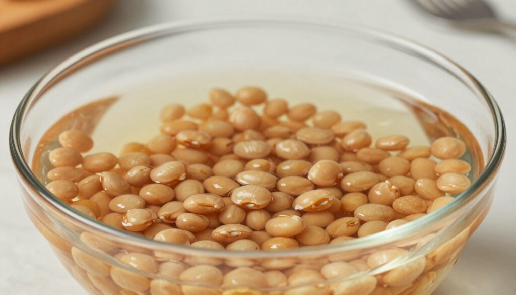 A close-up of dry beans soaking in a clear glass bowl filled with water, showcasing the transformation as they absorb moisture and expand. In the foreground, capture the detailed texture of the beans with a few slightly swollen ones. In the middle, illustrate the water's surface reflecting soft light, creating a serene atmosphere. The background should gently fade out, perhaps showcasing a blurred kitchen countertop with minimalistic kitchen utensils to convey a homey feel. Use warm, natural lighting that emphasizes the clarity of the water and the vibrant colors of the beans. The composition should evoke a sense of calm and the importance of the soaking process in preparing beans for cooking. A close-up of dry beans soaking in a clear glass bowl filled with water, showcasing the transformation as they absorb moisture and expand. In the foreground, capture the detailed texture of the beans with a few slightly swollen ones. In the middle, illustrate the water's surface reflecting soft light, creating a serene atmosphere. The background should gently fade out, perhaps showcasing a blurred kitchen countertop with minimalistic kitchen utensils to convey a homey feel. Use warm, natural lighting that emphasizes the clarity of the water and the vibrant colors of the beans. The composition should evoke a sense of calm and the importance of the soaking process in preparing beans for cooking.