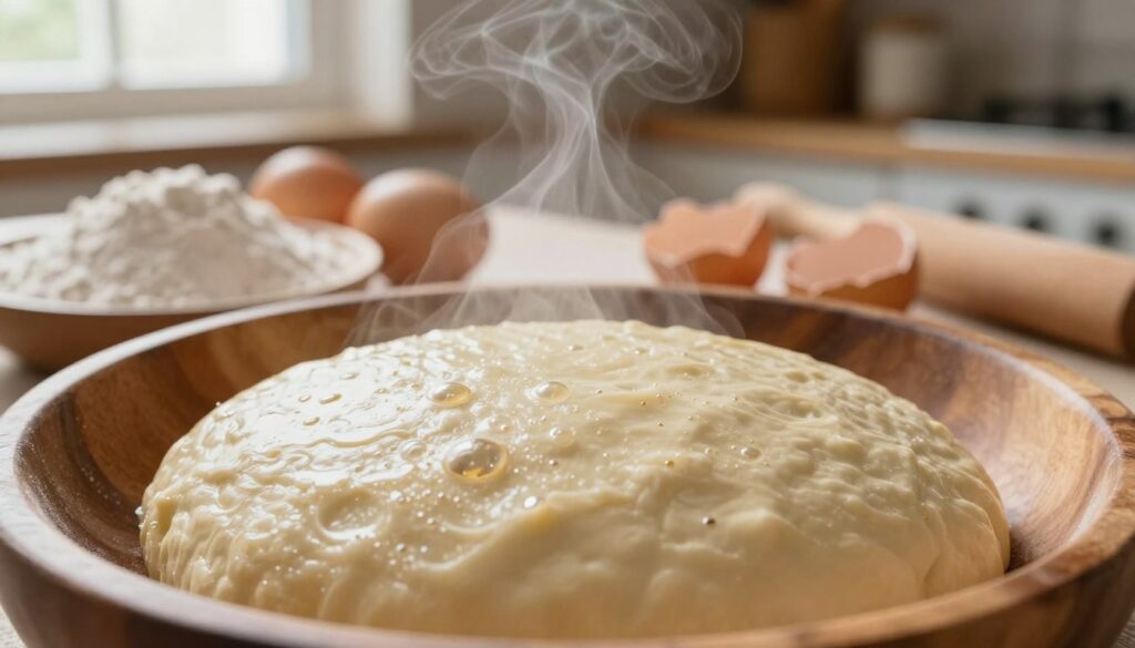 A close-up of freshly prepared drożdżowe dough rising in a rustic wooden bowl, surrounded by essential ingredients like flour, eggs, sugar, and yeast. The foreground features a smooth, glossy surface of the dough, with yeast bubbles visible, conveying the process of fermentation. In the middle, ingredients are artfully arranged, showing a sprinkle of flour and cracked eggs, reflecting preparation stages. The background softly blurs a warmly lit kitchen, with subtle steam rising and wooden utensils hinting at a cozy atmosphere. Natural light filters through a window, creating inviting shadows, enhancing the mood of a homely baking scene. The composition focuses on texture and warmth, epitomizing the essence of baking success. A close-up of freshly prepared drożdżowe dough rising in a rustic wooden bowl, surrounded by essential ingredients like flour, eggs, sugar, and yeast. The foreground features a smooth, glossy surface of the dough, with yeast bubbles visible, conveying the process of fermentation. In the middle, ingredients are artfully arranged, showing a sprinkle of flour and cracked eggs, reflecting preparation stages. The background softly blurs a warmly lit kitchen, with subtle steam rising and wooden utensils hinting at a cozy atmosphere. Natural light filters through a window, creating inviting shadows, enhancing the mood of a homely baking scene. The composition focuses on texture and warmth, epitomizing the essence of baking success.