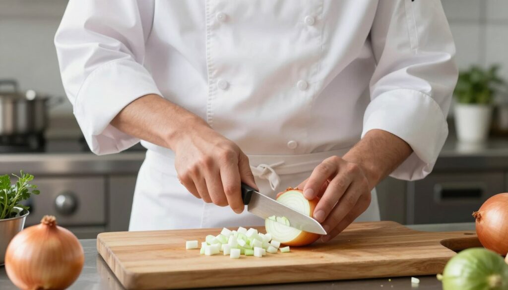 A close-up scene of a professional chef expertly chopping an onion into uniform dice. The chef, dressed in a crisp white coat and apron, is focused on the task, using a sharp knife and a wooden cutting board. The onion is halved, revealing its glistening layers, and there are finely chopped pieces scattered around. Soft, natural light illuminates the workstation, highlighting the fresh ingredients and the chef's concentration. In the background, a clean kitchen is visible, featuring stainless steel appliances and herb pots, creating an organized and inviting atmosphere. The image captures the essence of precision and efficiency in cooking, ideal for showcasing a reliable method for dicing onions. A close-up scene of a professional chef expertly chopping an onion into uniform dice. The chef, dressed in a crisp white coat and apron, is focused on the task, using a sharp knife and a wooden cutting board. The onion is halved, revealing its glistening layers, and there are finely chopped pieces scattered around. Soft, natural light illuminates the workstation, highlighting the fresh ingredients and the chef's concentration. In the background, a clean kitchen is visible, featuring stainless steel appliances and herb pots, creating an organized and inviting atmosphere. The image captures the essence of precision and efficiency in cooking, ideal for showcasing a reliable method for dicing onions.