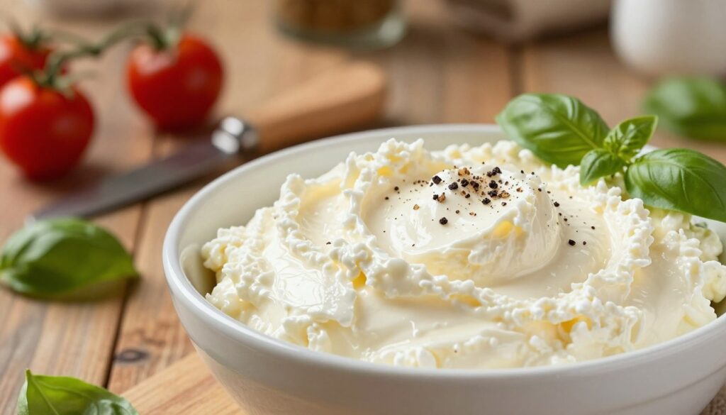 A close-up shot of a creamy, inviting bowl of mascarpone cheese, glistening with a touch of light to highlight its rich texture. The foreground features a pristine white ceramic bowl, slightly off-center, filled with velvety mascarpone. Around the bowl, scattered fresh basil leaves and a sprinkle of freshly cracked black pepper create a color contrast. In the middle ground, a rustic wooden table adds warmth, adorned with a few cherry tomatoes and a small elegant cheese knife, suggesting a culinary setting. The background is softly blurred, hinting at a cozy kitchen ambiance with warm, ambient lighting that enhances the creamy white of the mascarpone. The overall mood is inviting and appetizing, perfect for showcasing the ingredient's role in enhancing sauces. A close-up shot of a creamy, inviting bowl of mascarpone cheese, glistening with a touch of light to highlight its rich texture. The foreground features a pristine white ceramic bowl, slightly off-center, filled with velvety mascarpone. Around the bowl, scattered fresh basil leaves and a sprinkle of freshly cracked black pepper create a color contrast. In the middle ground, a rustic wooden table adds warmth, adorned with a few cherry tomatoes and a small elegant cheese knife, suggesting a culinary setting. The background is softly blurred, hinting at a cozy kitchen ambiance with warm, ambient lighting that enhances the creamy white of the mascarpone. The overall mood is inviting and appetizing, perfect for showcasing the ingredient's role in enhancing sauces.
