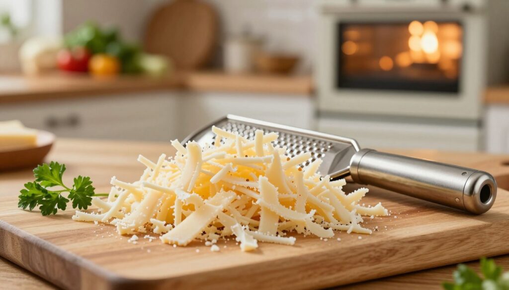 A close-up shot of a finely grated pile of cheese on a wooden cutting board, showcasing the delicate, shavings glistening under warm kitchen lighting. In the foreground, a professional grater rests next to the cheese, highlighting its stainless steel and ergonomic handle with a touch of freshness from a sprig of parsley. In the middle ground, a bright, rustic kitchen setting with a softly blurred background featuring a wooden table, a bowl of assorted fresh ingredients, and an inviting oven emitting a warm glow. The overall atmosphere is warm and cozy, evoking a sense of home cooking and comfort, perfect for a culinary article. The image captures the detailed texture and fine shreds of the cheese, emphasizing its freshness and quality. A close-up shot of a finely grated pile of cheese on a wooden cutting board, showcasing the delicate, shavings glistening under warm kitchen lighting. In the foreground, a professional grater rests next to the cheese, highlighting its stainless steel and ergonomic handle with a touch of freshness from a sprig of parsley. In the middle ground, a bright, rustic kitchen setting with a softly blurred background featuring a wooden table, a bowl of assorted fresh ingredients, and an inviting oven emitting a warm glow. The overall atmosphere is warm and cozy, evoking a sense of home cooking and comfort, perfect for a culinary article. The image captures the detailed texture and fine shreds of the cheese, emphasizing its freshness and quality.